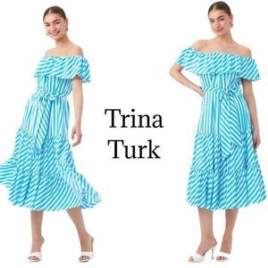 NEW TRINA TURK Salima 2 Off-The-Shoulder Striped Ruffle Dress in Aqua Sz S NWT